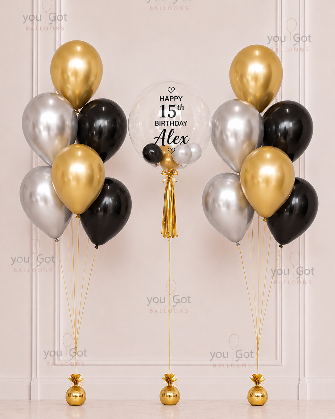 Black Gold and Silver Customized Bubble Balloon Bouquet in Dubai