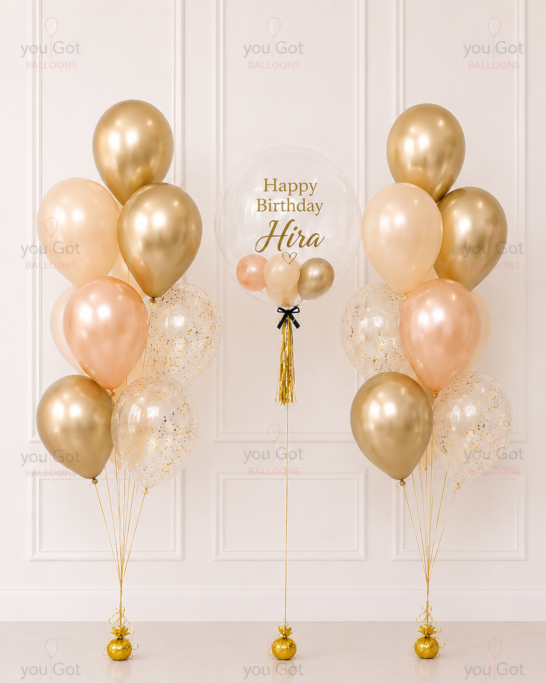 Rose Gold and Gold Customized Birthday Bubble Balloon Arrangement in Dubai