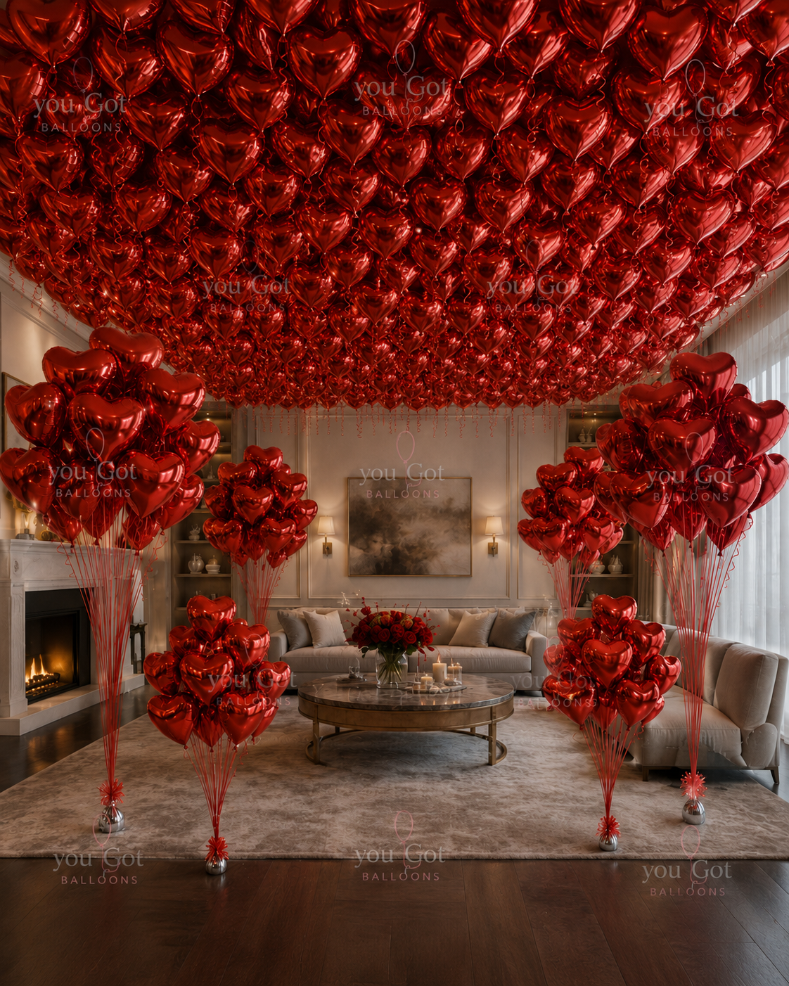 Grand red heart foil anniversary balloon setup for romantic room decor in Dubai