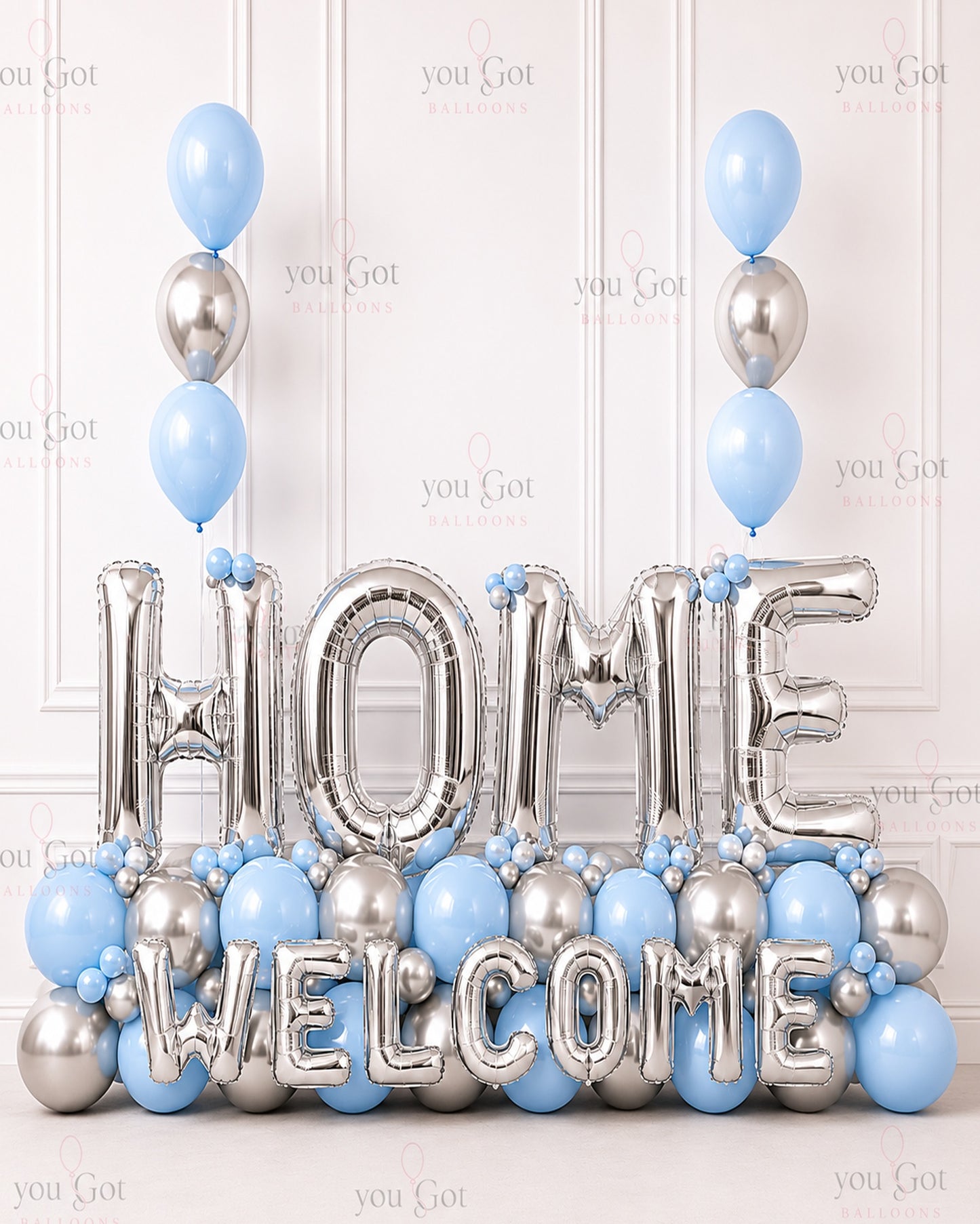 Silver and Pastel Blue Welcome Balloon Arrangement Dubai