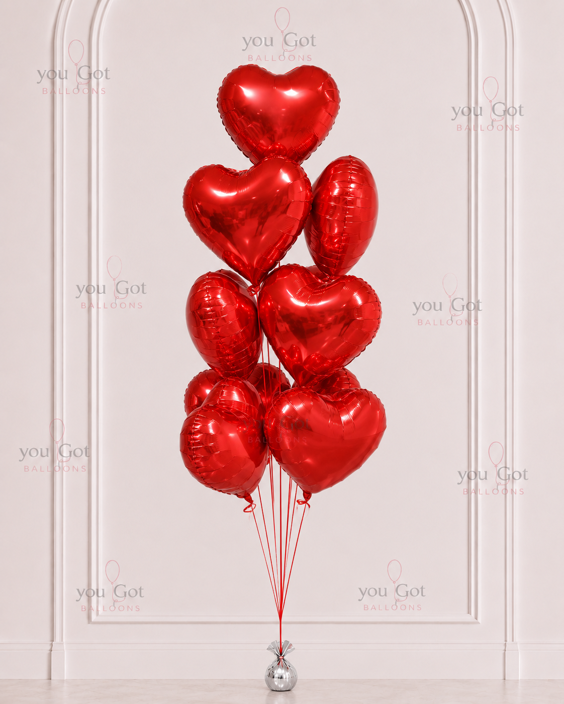 10 red heart foil balloon bouquet for Valentines and anniversary in Dubai