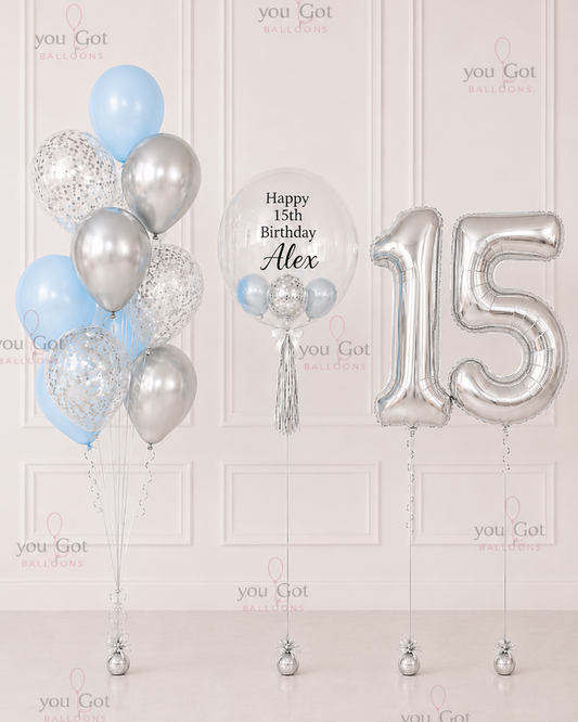 15th Birthday Bubble Balloon Set - Blue & Silver in Dubai