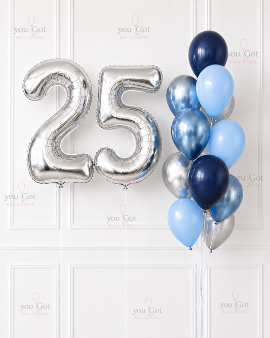 Silver number balloon arrangement for birthday party in Dubai
