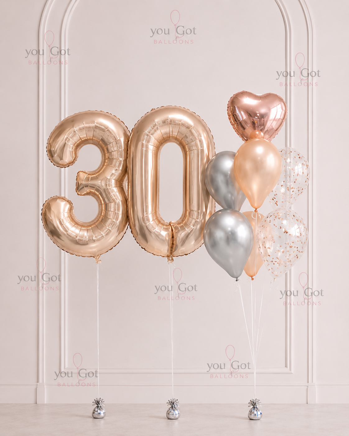 30th Birthday Rose gold number balloon arrangement in Dubai
