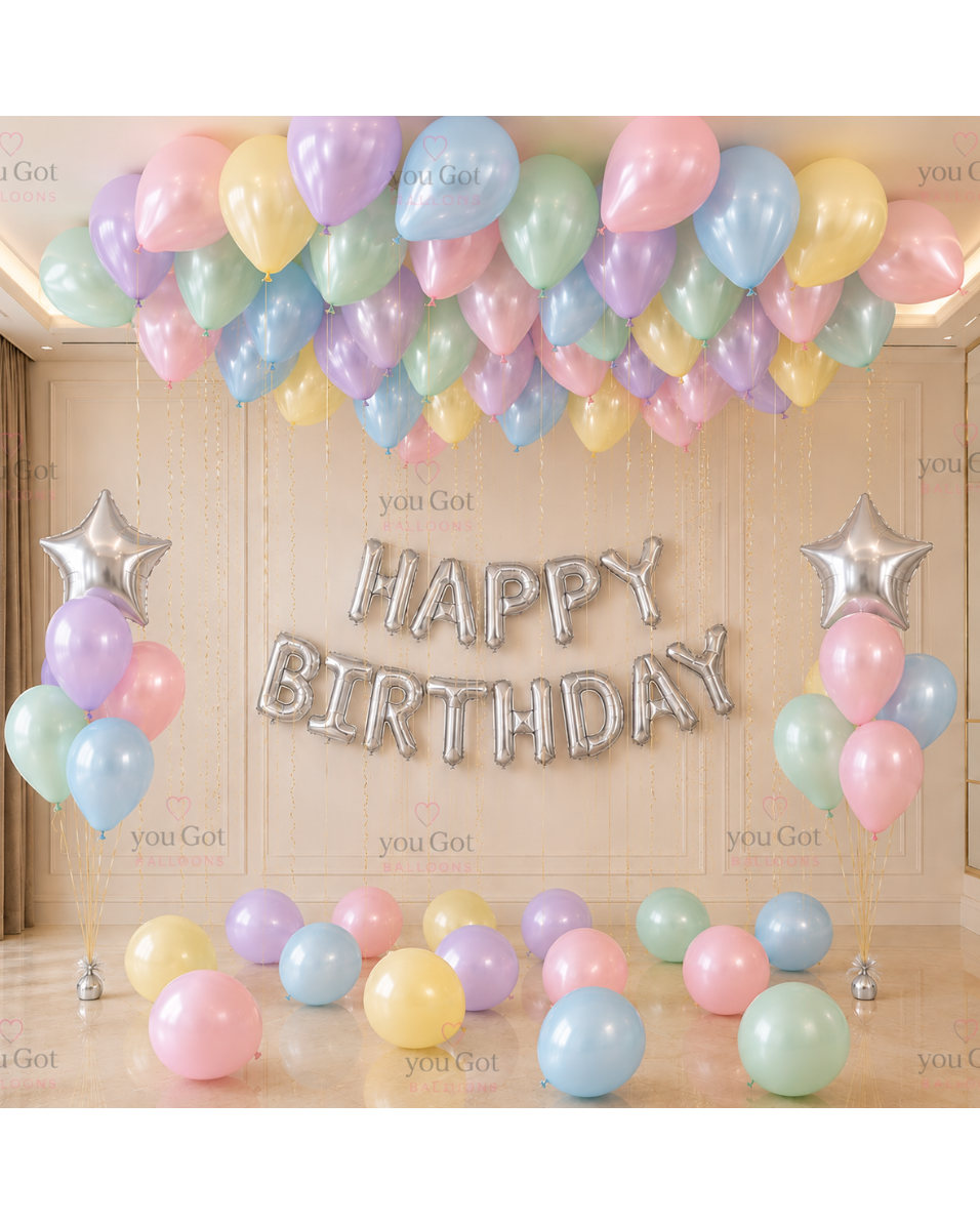 50 pastel ceiling birthday balloon setup with silver star balloons in Dubai