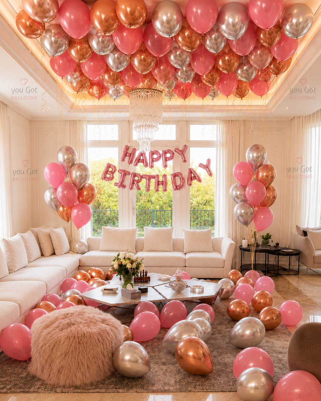 60 ceiling balloon setup in fuchsia silver and rose gold for birthday decoration in Dubai