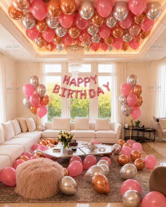 60 ceiling balloon setup in fuchsia silver and rose gold for birthday decoration in Dubai