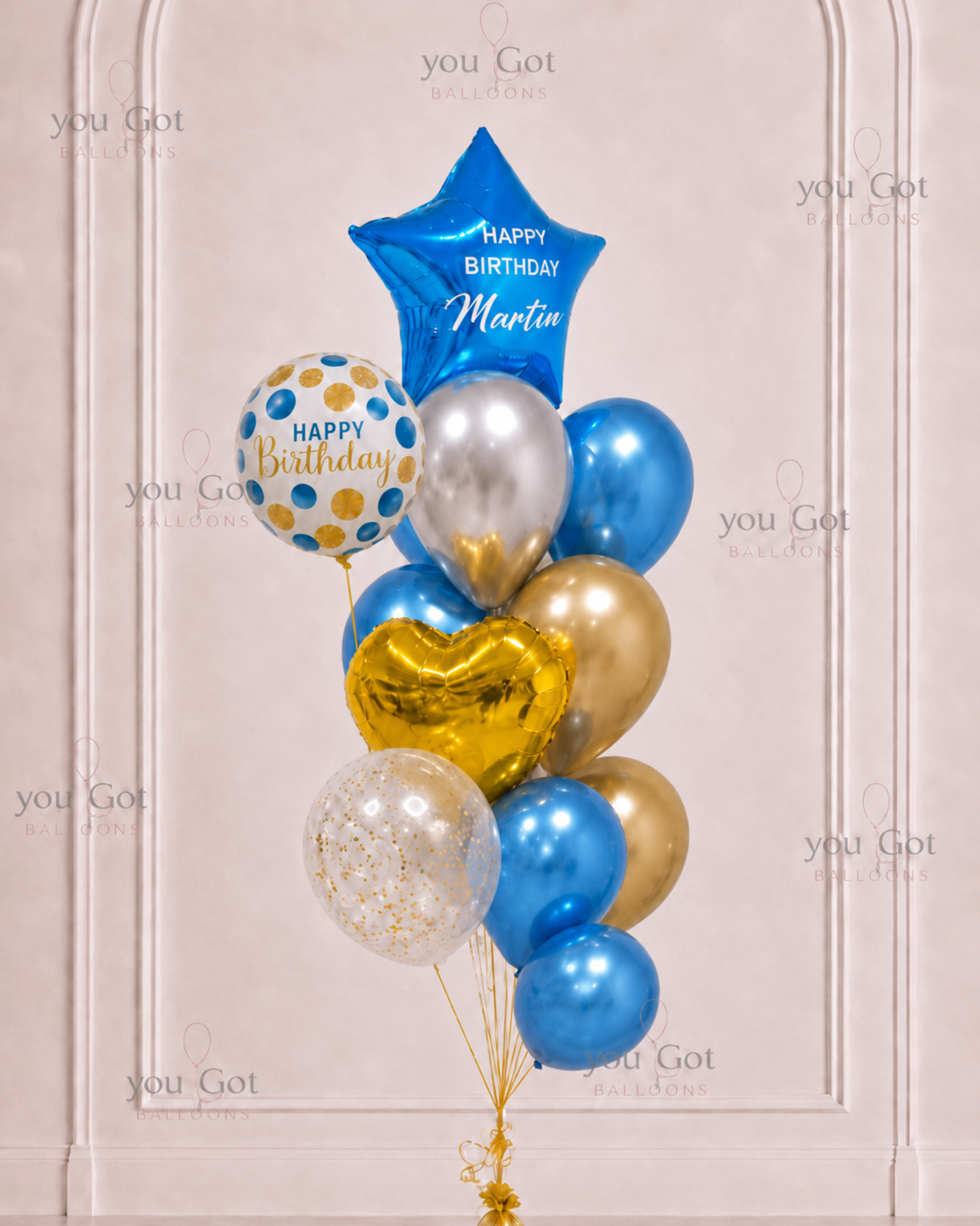 Chrome Blue and Gold Balloon bouquet with Personalized Star in Dubai