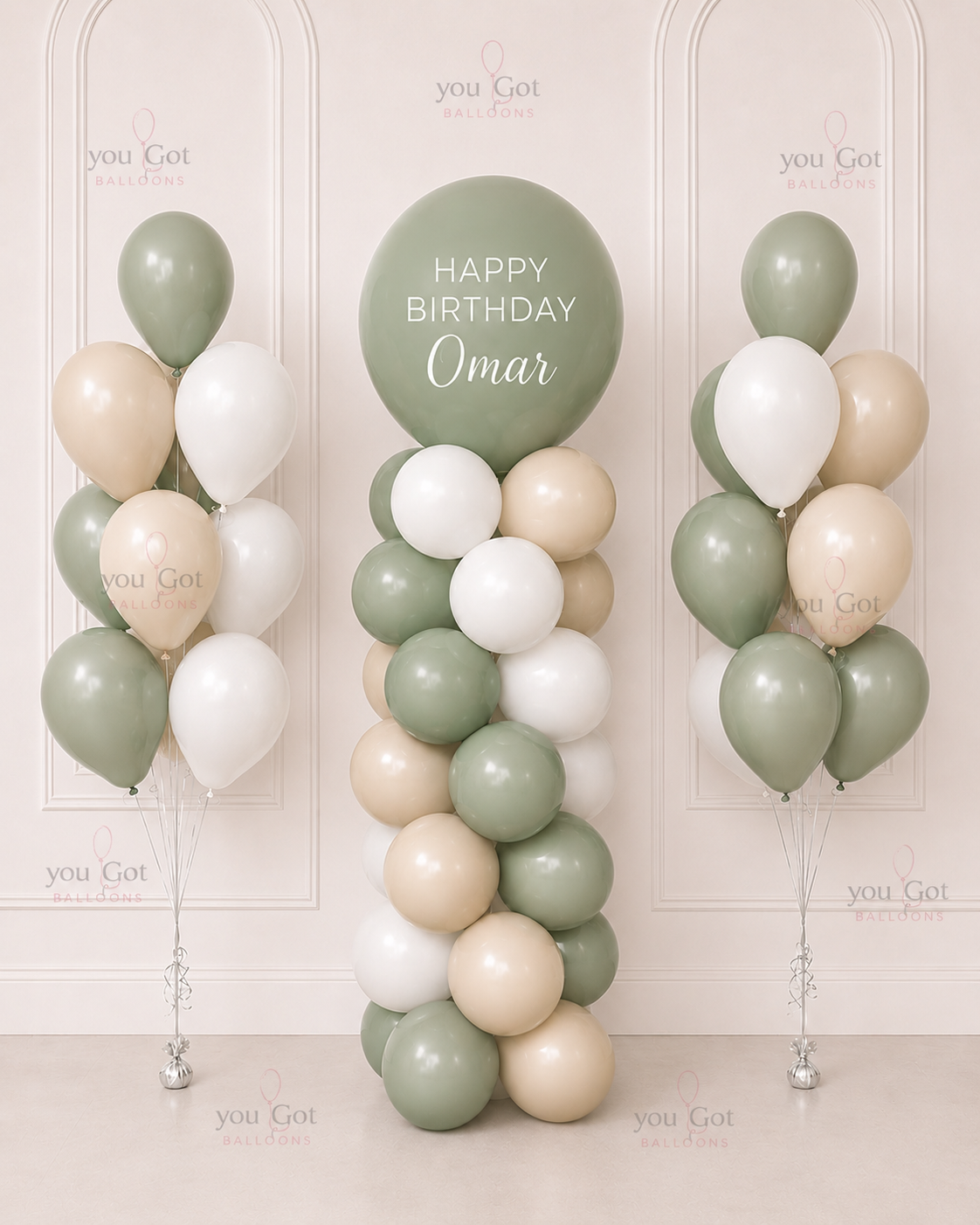 Birthday Balloon Tower and Bouquet - Sage Green in Dubai