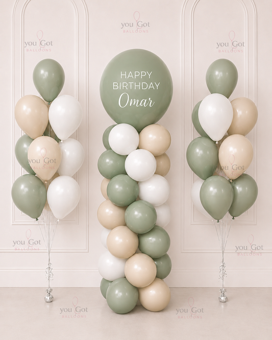 Birthday Balloon Tower and Bouquet - Sage Green in Dubai