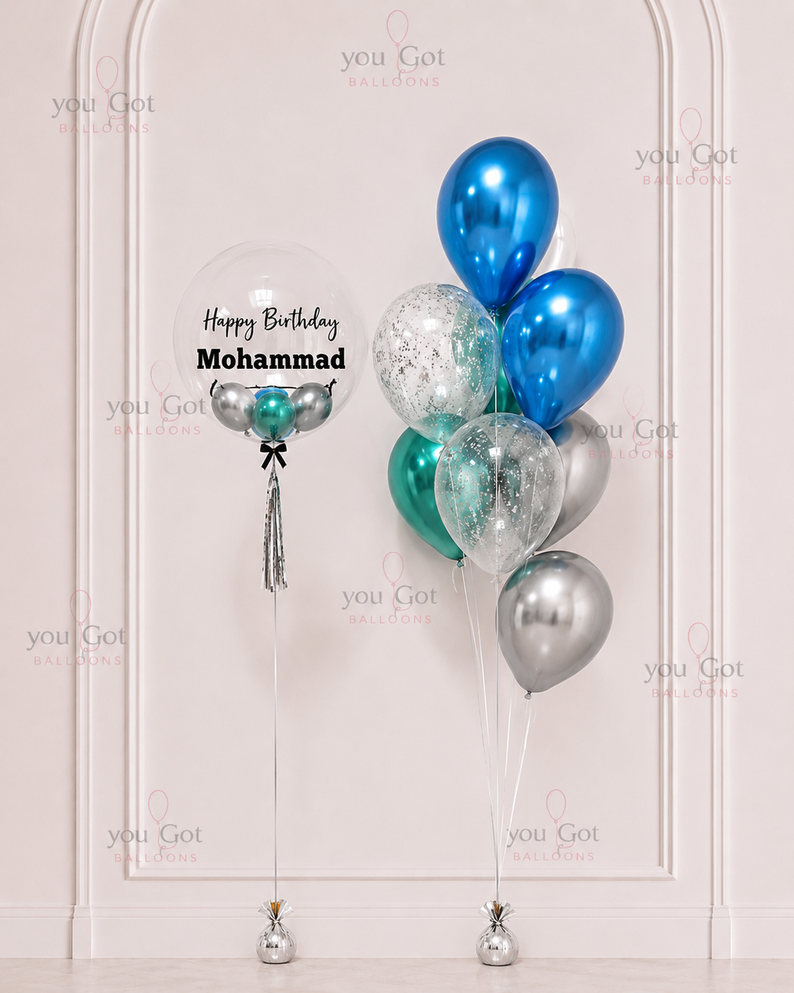 Customized bubble balloon bouquet in chrome blue green and silver for birthday delivery in Dubai