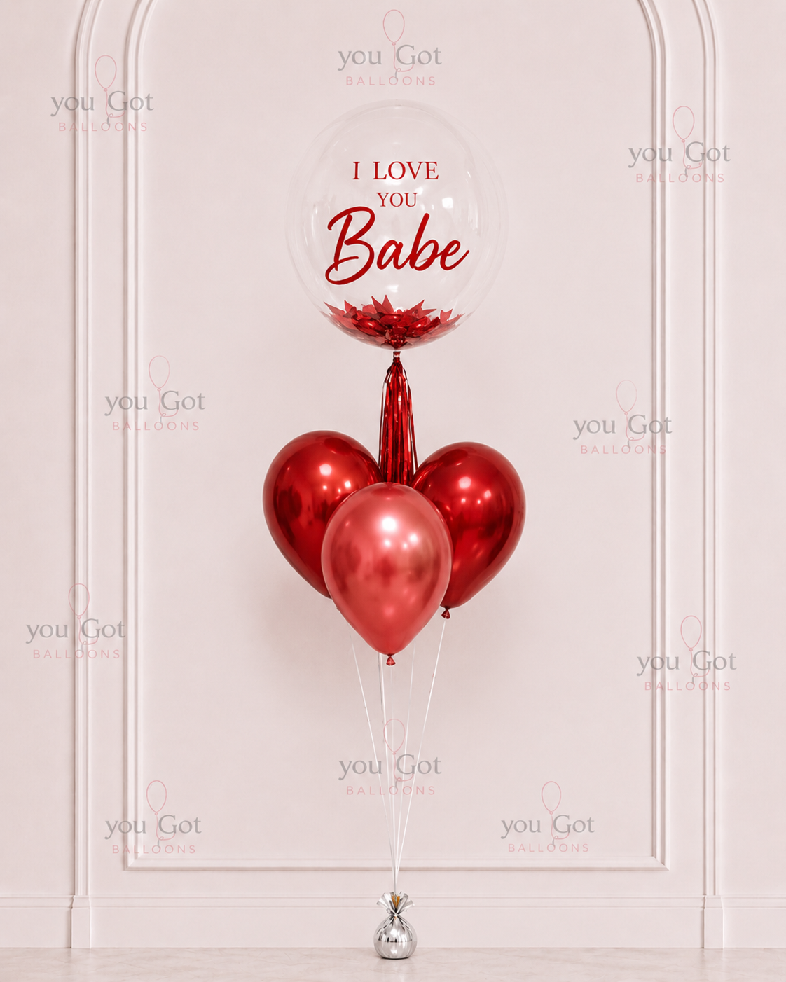 Customized I Love You bubble balloon bouquet with red balloons in Dubai