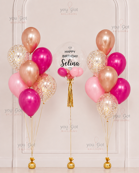 Fuchsia and Rose Gold Customized Birthday Bubble Balloon Arrangement in Dubai