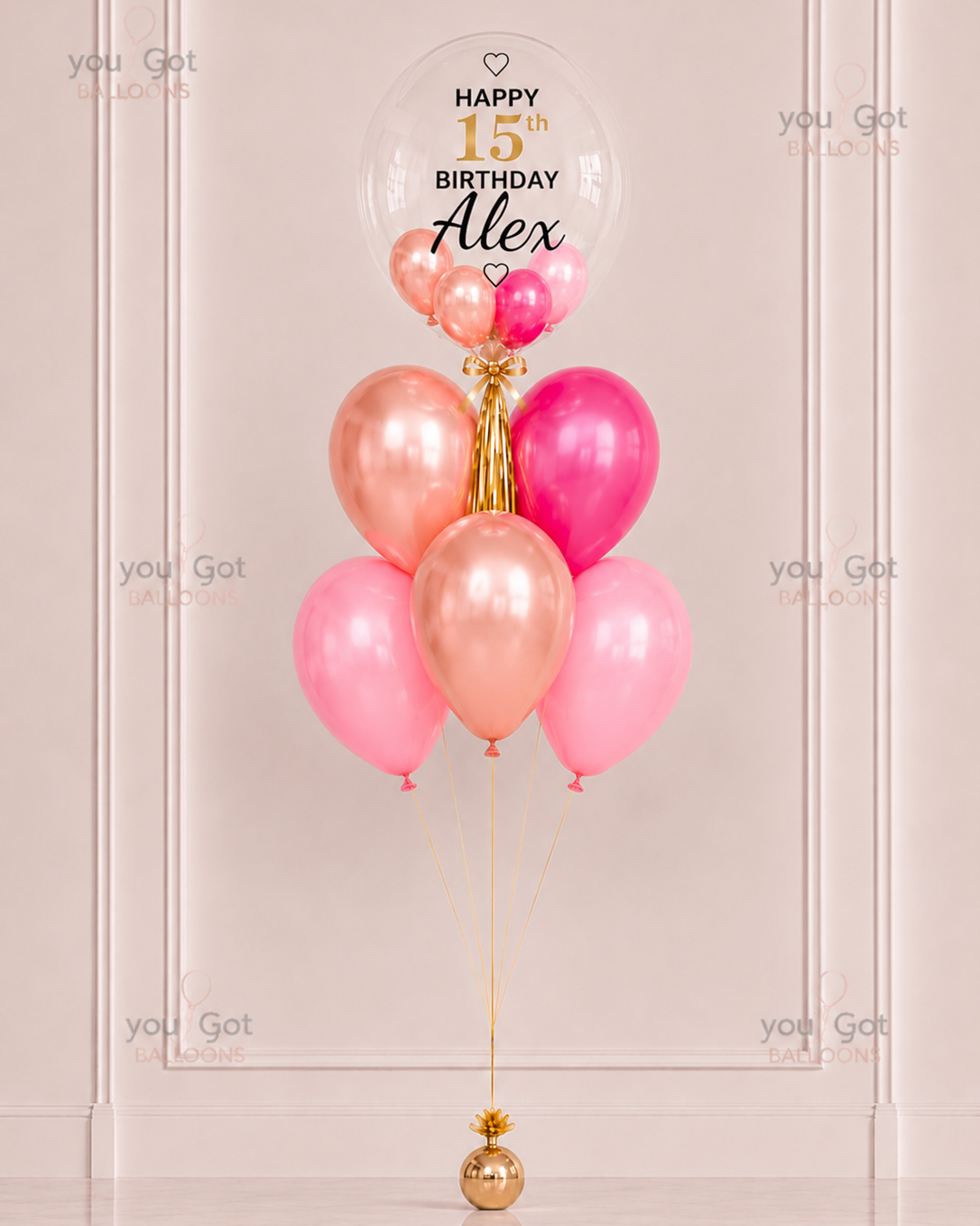 Personalized Bubble Balloon Arrangement - Rose Gold and Fuchsia in Dubai
