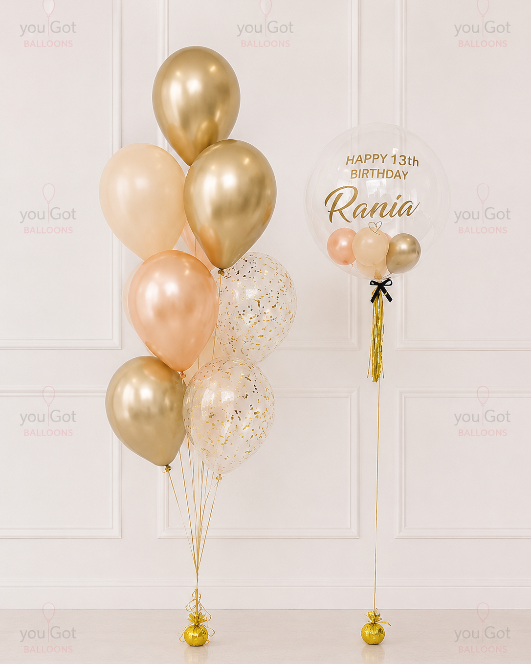 Customized Bubble Balloon Bouquet- Rose Gold and Gold in Dubai