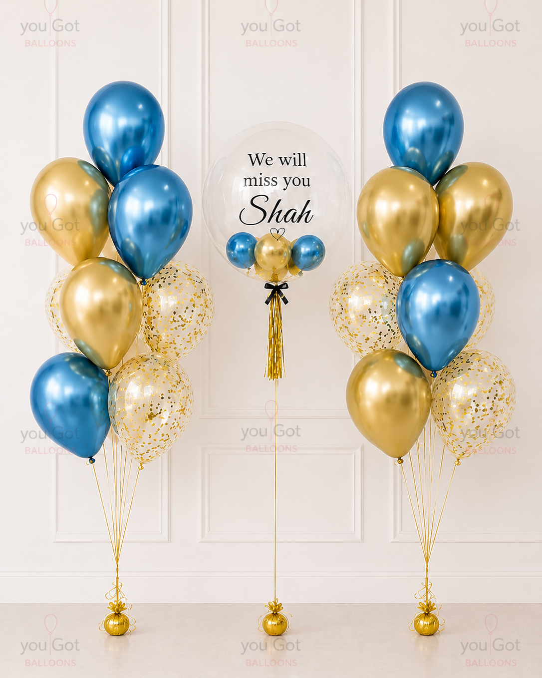Chrome Blue and Gold Customized Birthday Bubble Balloon Arrangement in Dubai