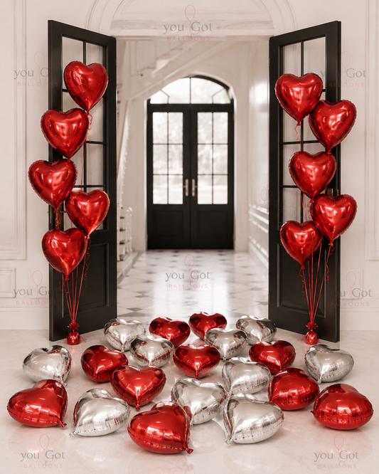 Happy anniversary red and silver heart balloon setup in Dubai