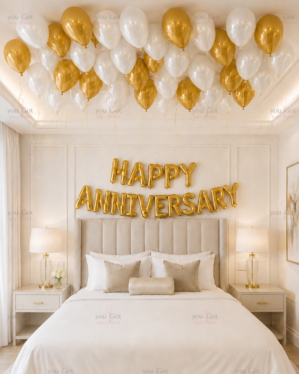 Happy Anniversary Setup Gold and White for romantic anniversary balloon decoration in Dubai
