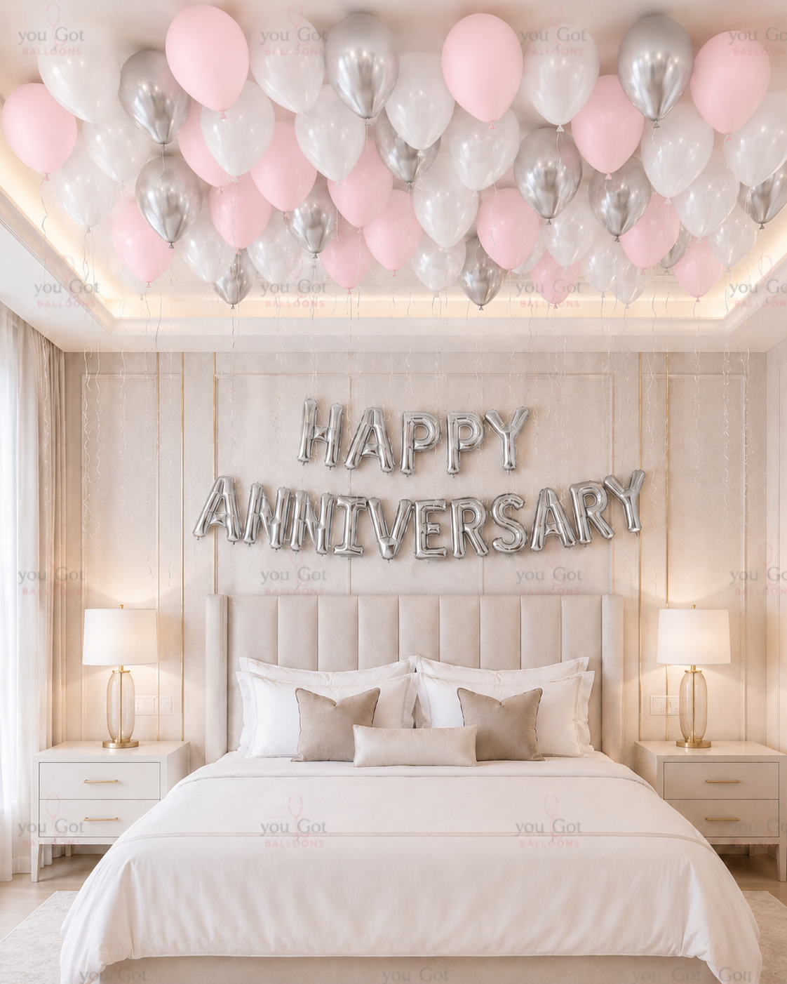 Happy Anniversary Setup Pink and Silver for romantic anniversary balloon decoration in Dubai