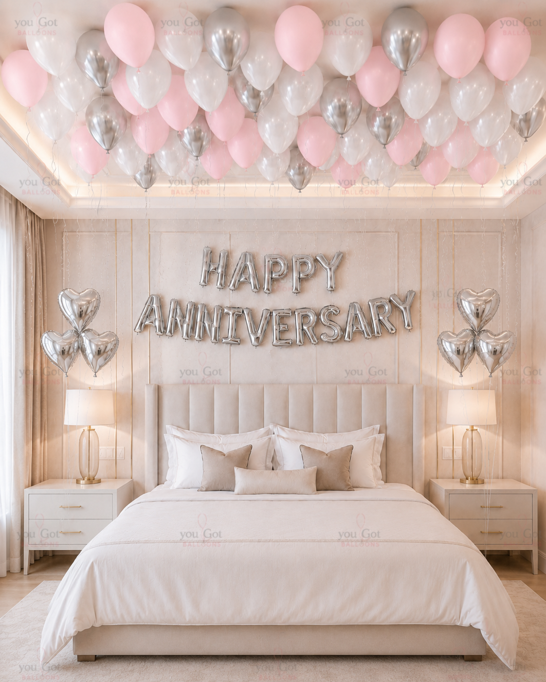 Happy Anniversary Setup with Hearts Pink and Silver for romantic anniversary balloon decoration in Dubai