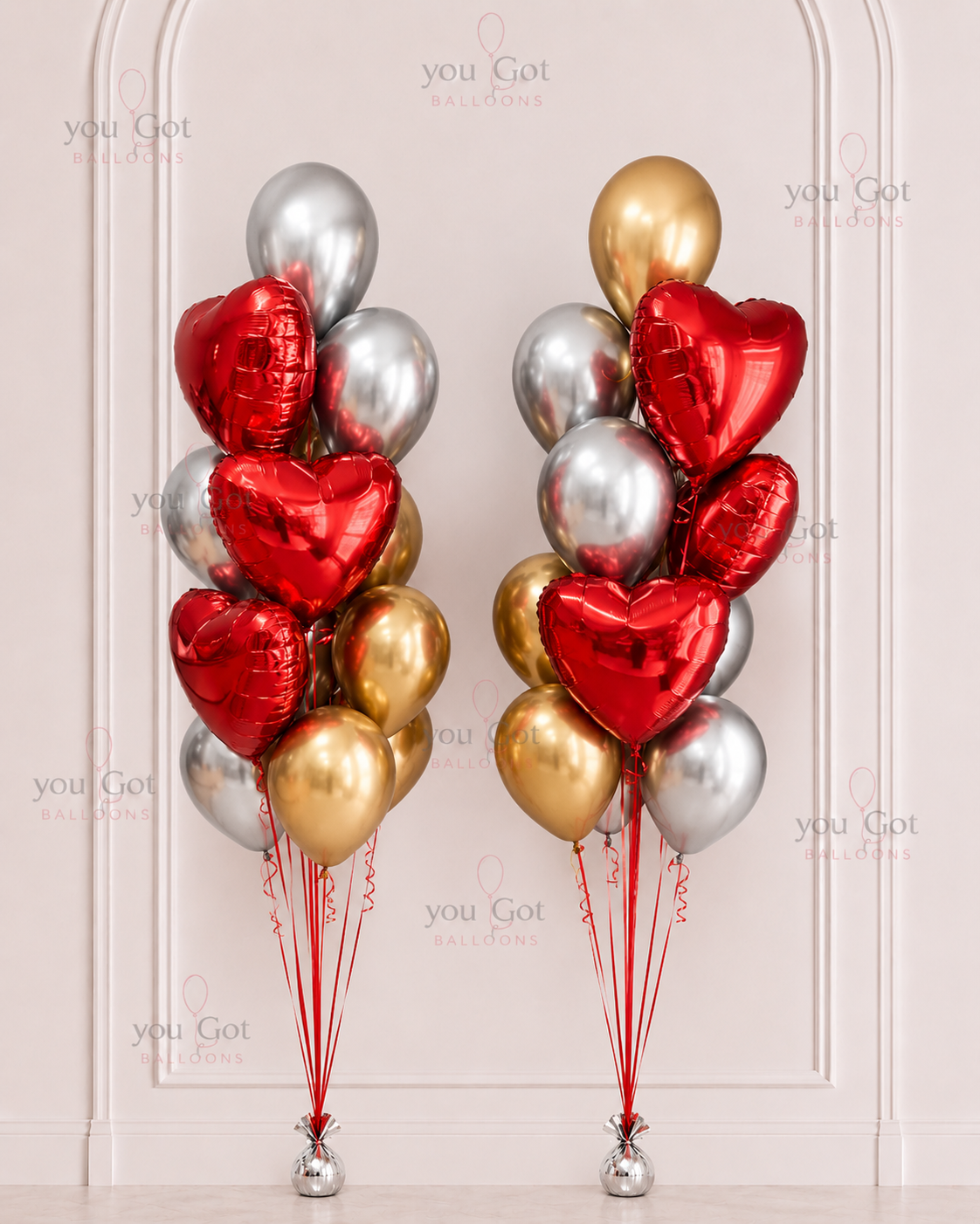 Love anniversary and Valentines balloon bouquets with red hearts in Dubai