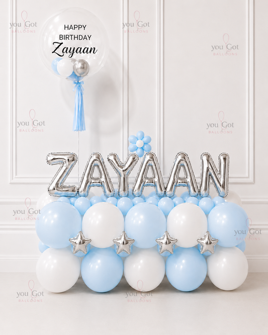 Personalized Name Balloon Arrangement with Bubble Balloon - Blue & White in Dubai
