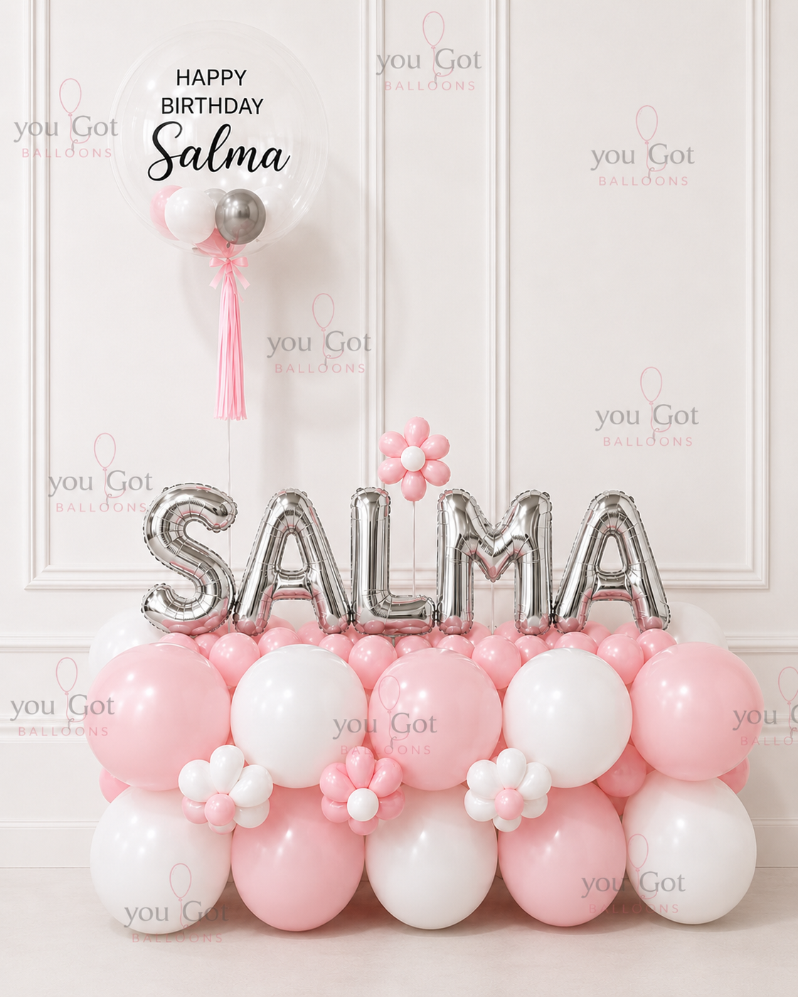 Personalized Name Balloon Arrangement with Bubble Balloon - Pink & White in Dubai