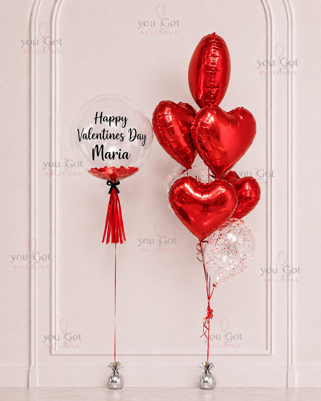 Valentines Day customized balloon arrangement with red heart foils in Dubai