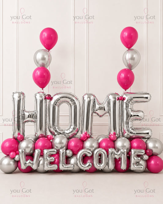 Silver and Fuchsia Welcome Balloon Arrangement Dubai